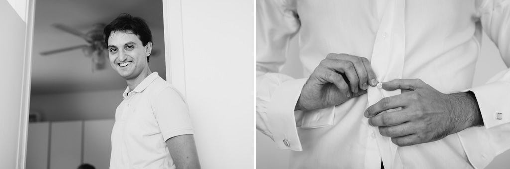 Lo sposo indossa una camicia bianca in preparazione della cerimonia di matrimonio