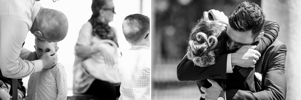 Lo sposo abbraccia tutti gli invitati prima dell'inizio della cerimonia