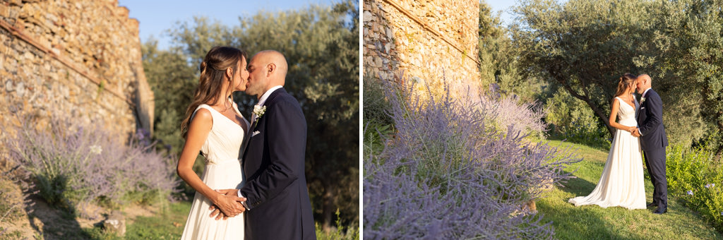 Due sposi che si baciano in Toscana