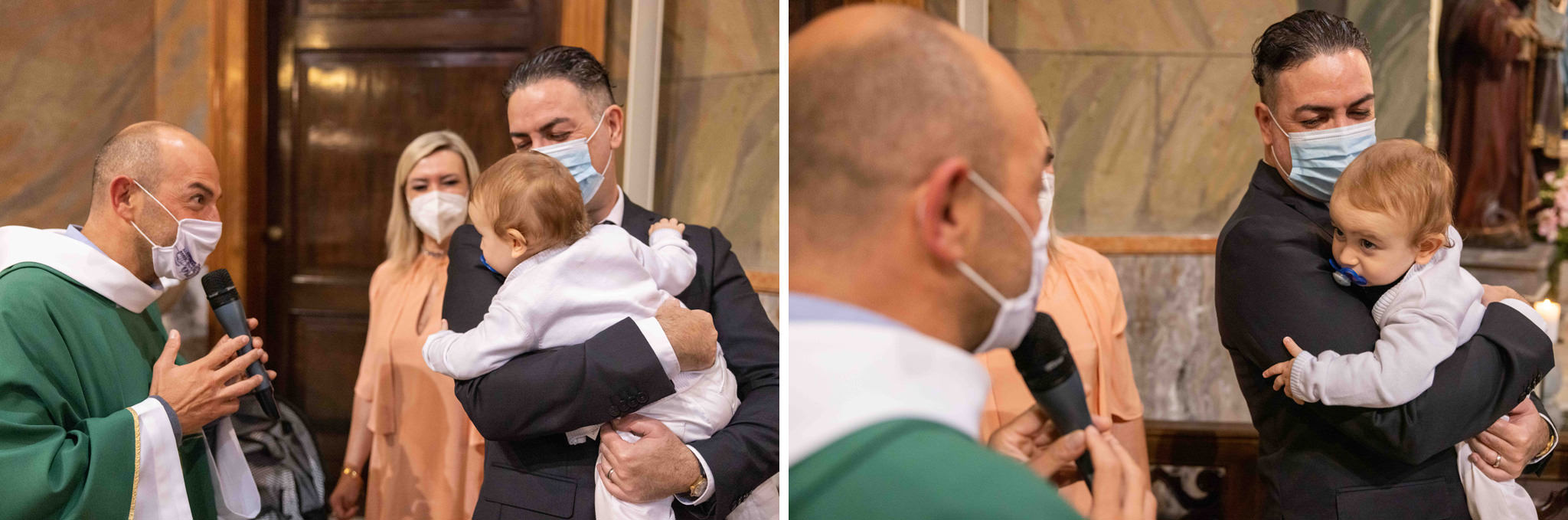 Bambino e padre durante la celebrazione del battesimo nella Invitati al battesimo nella Parrocchia di Comenduno nei pressi di Bergamo