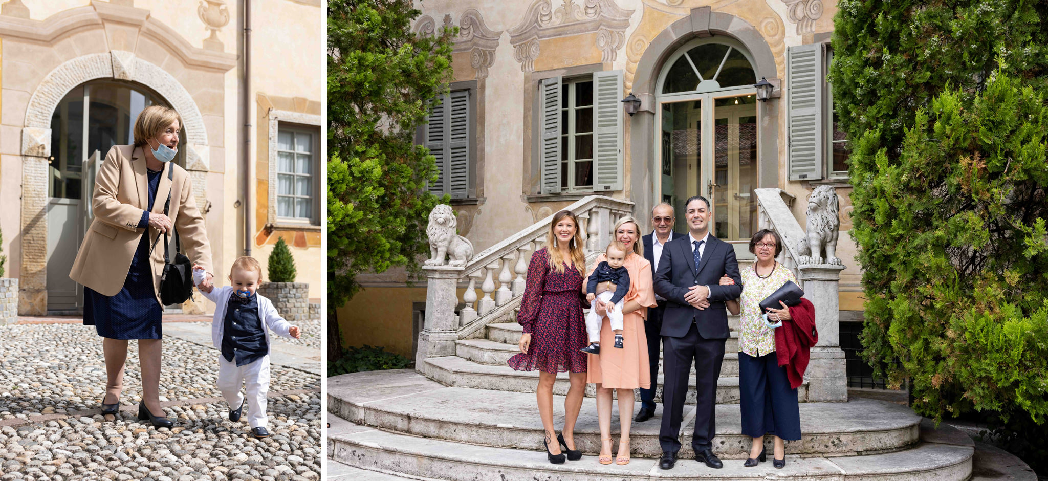 Foto di gruppo all'entrata del ricevimento battesimo