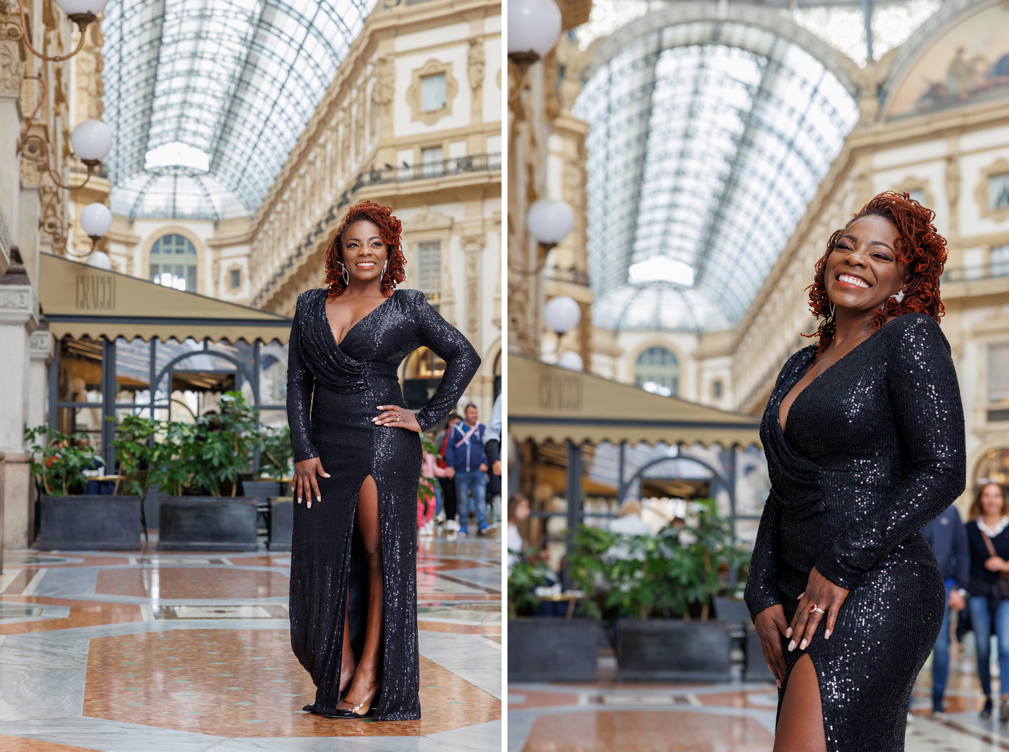 Ritratto di donna ben vestita che sorride in Galleria Vittorio Emanuele a Milano