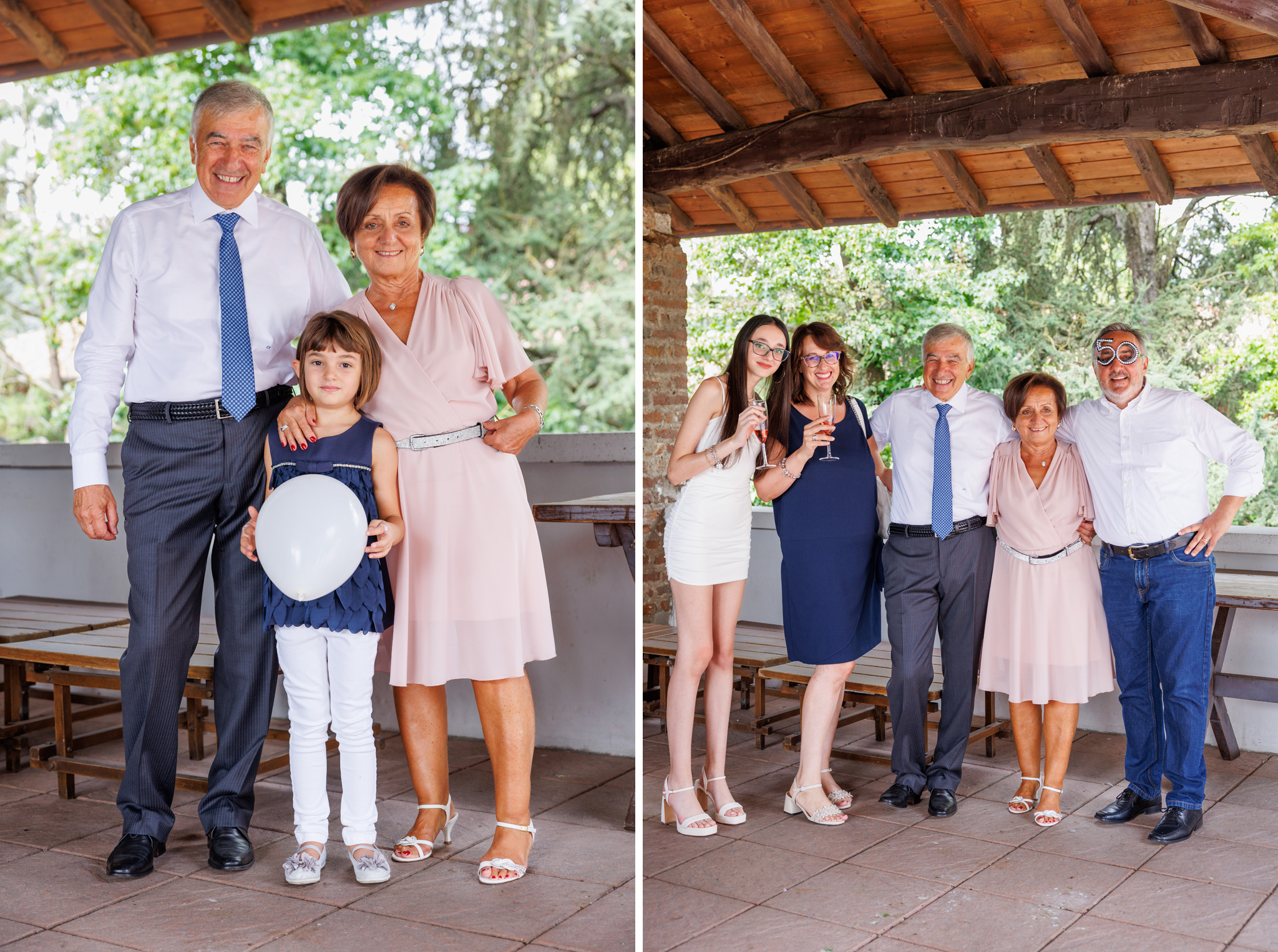 Coppia di anziani con nipote e altri membri della famiglia anniversario