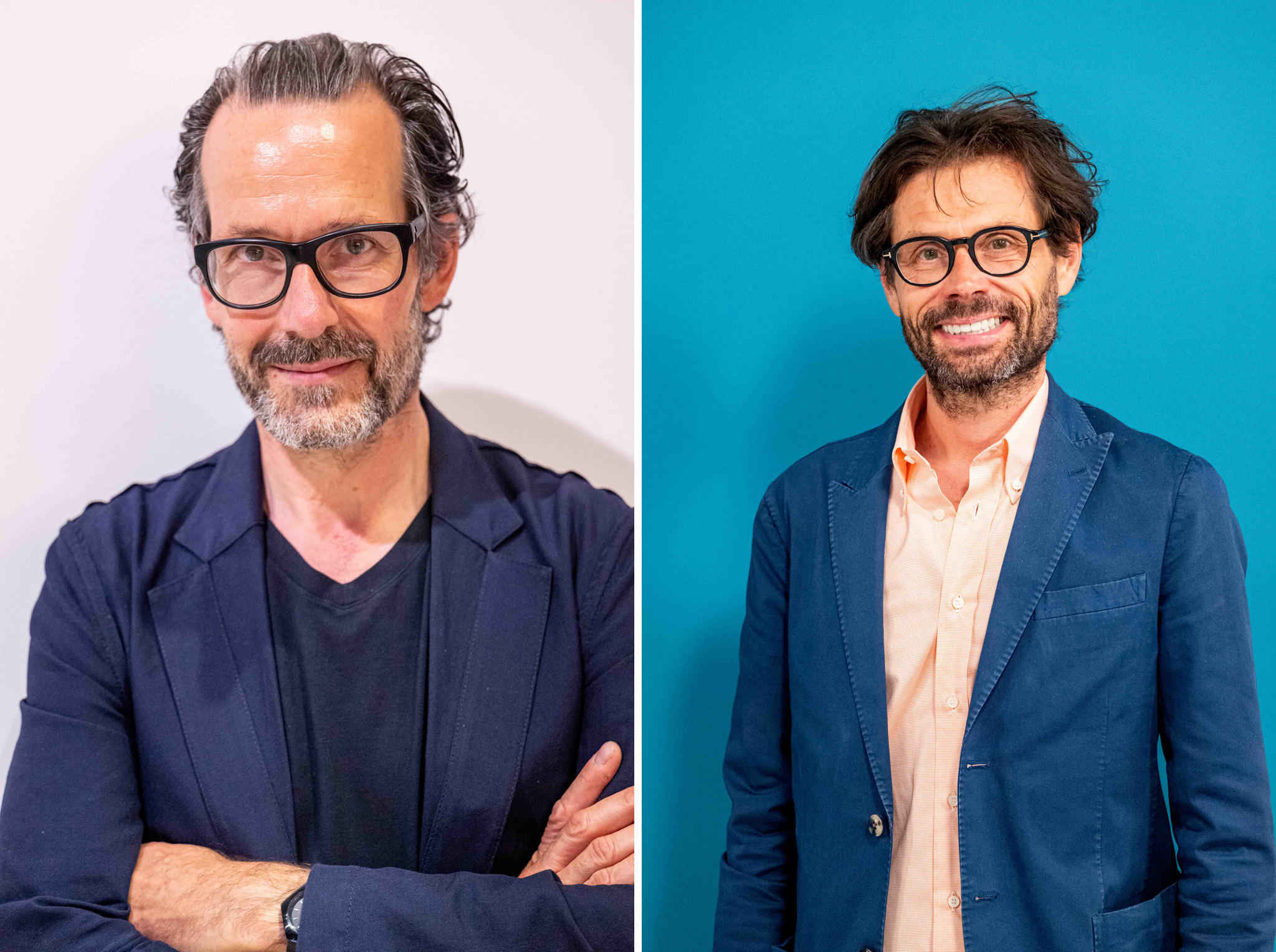 Ritratti degli artisti su sfondo bianco e blu